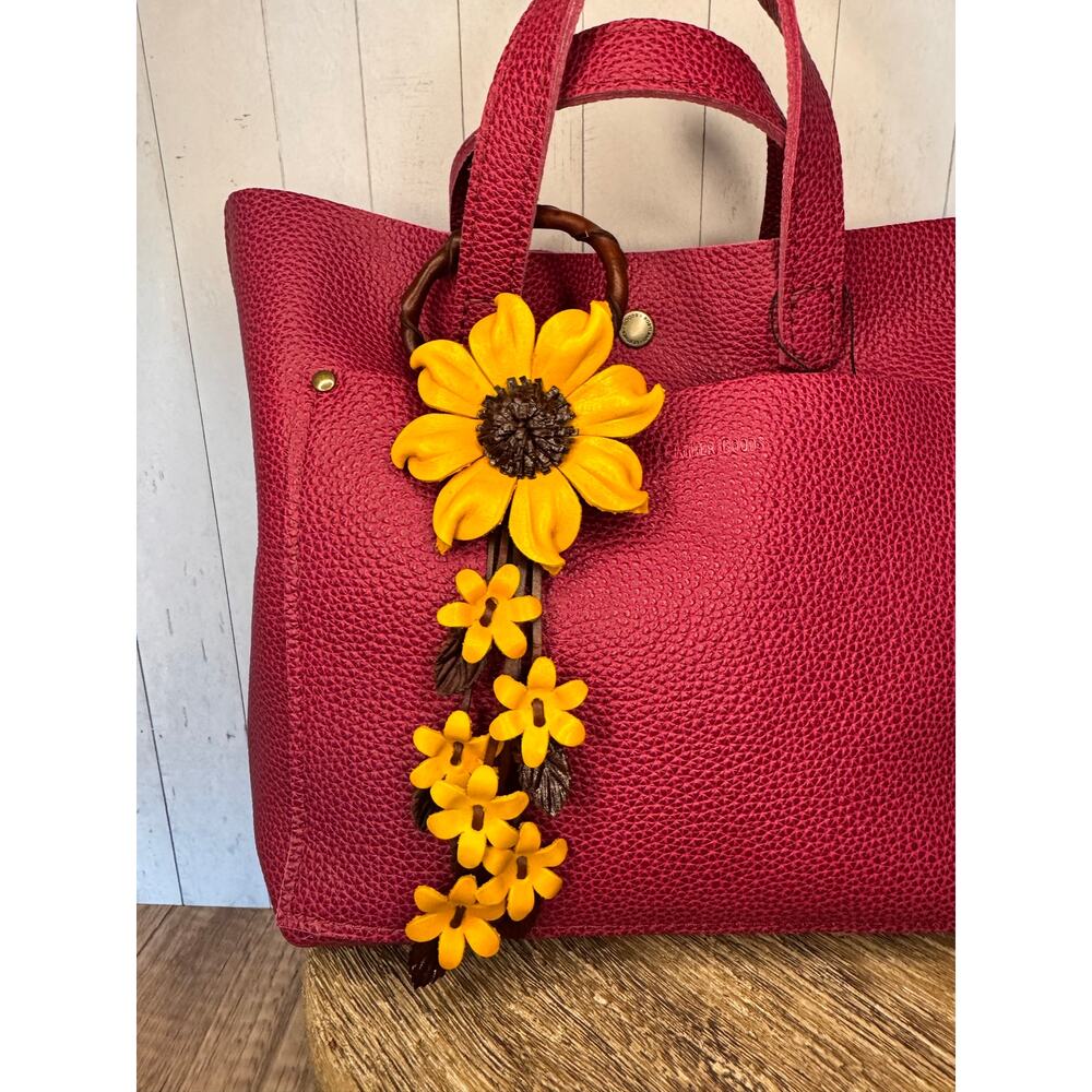 Leather Purse Charm Bag Charm Genuine Leather Yellow Flower Charm Sunflower
